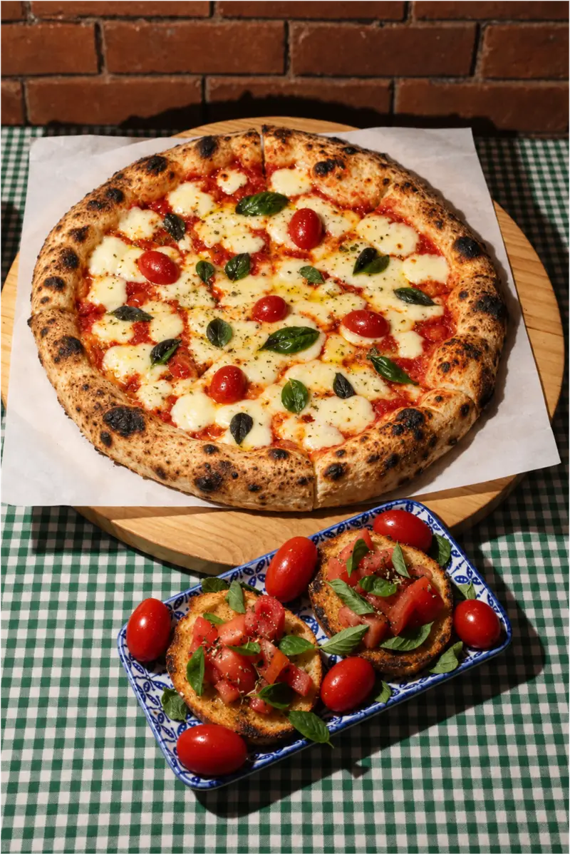 Pizza napoletana e bruschettas servidas na mesa